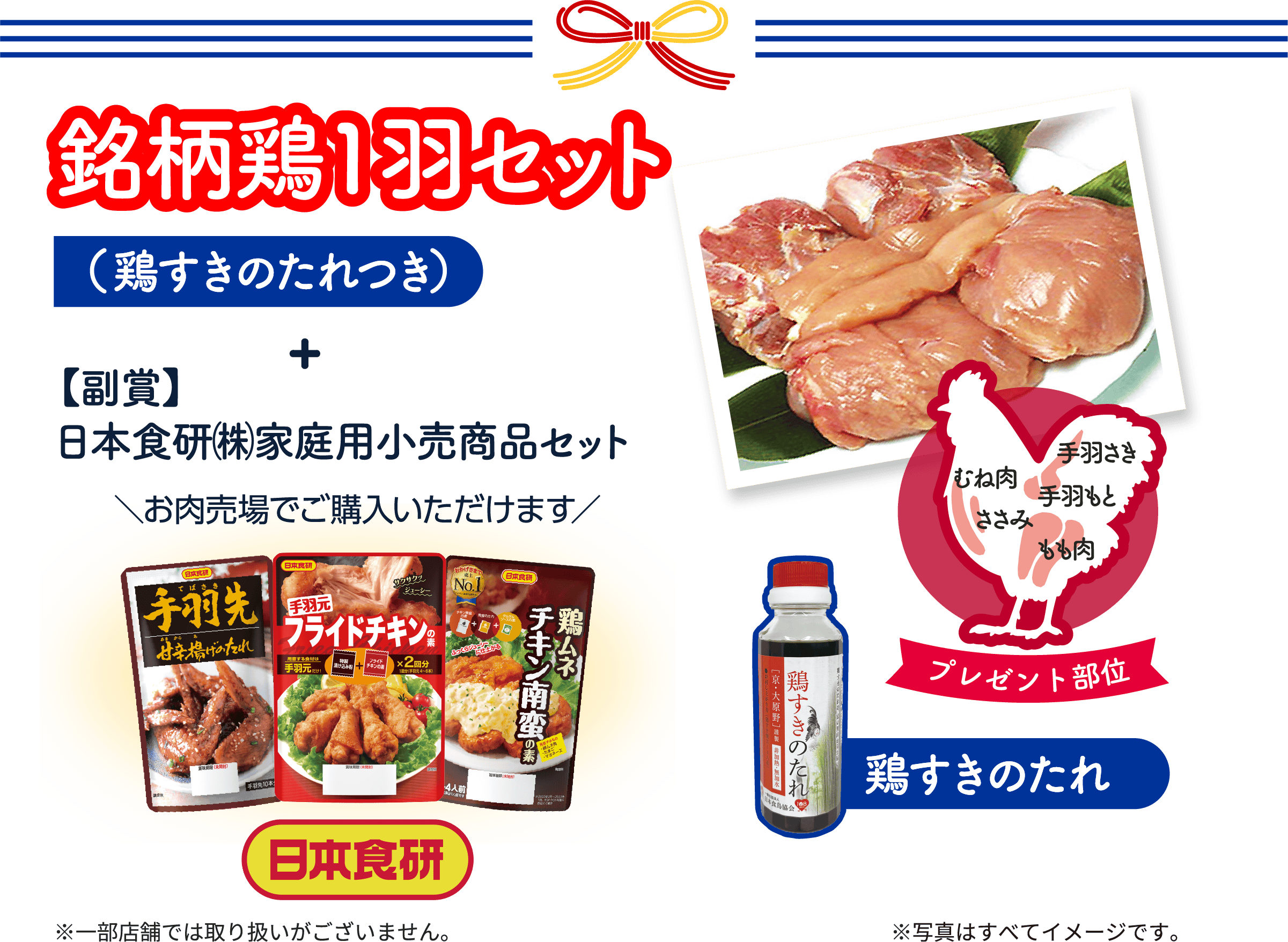 「銘柄鶏1羽セット（鶏すきのたれつき）」、「副賞:日本食研株式会社仮定用小売商品セット」
