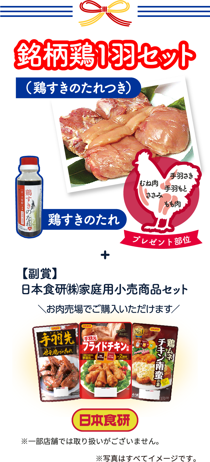 「銘柄鶏1羽セット（鶏すきのたれつき）」、「副賞:日本食研株式会社仮定用小売商品セット」